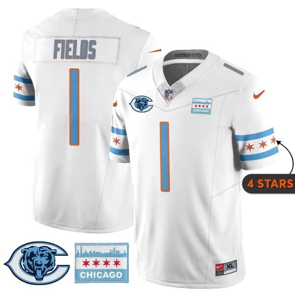 Men's Chicago Bears #1 Justin Fields White City Edition F.U.S.E. With Chicago Flag Vapor Untouchable Limited Stitched Football Jersey
